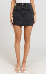 Lara Mini Skirt - High Waisted Denim Skirt in Washed Black