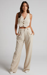 Larissa Trousers - Linen Mid Waisted Relaxed Straight Leg Trousers in Oatmeal