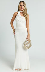 Larson Maxi Dress - Asymmetric Tie Neck Column Dress in Cream
