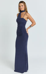 Larson Maxi Dress - Asymmetric Tie Neck Column Dress in Ink