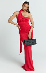 Larson Maxi Dress - Asymmetric Tie Neck Column Dress in Red