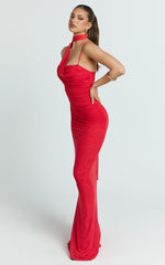 Larson Maxi Dress - Asymmetric Tie Neck Column Dress in Red