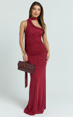 Larson Maxi Dress - Asymmetric Tie Neck Column Dress in Wine