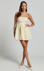 Laure Mini Dress - Strapless Jacquard Dress in Lemon