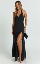Lauren Maxi Dress - Plunge Halterneck High Split Dress in Black