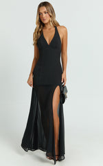 Lauren Maxi Dress - Plunge Halterneck High Split Dress in Black
