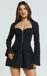 Lausanne Mini Dress - Sweetheart Neck Long Sleeve Zip Front Tulip Dress in Black