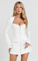 Lausanne Mini Dress - Sweetheart Neck Long Sleeve Zip Front Tulip Dress in White