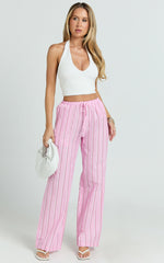 Layla Pants - Mid Waisted Relaxed Elastic Waist Pants in Pink Stripe