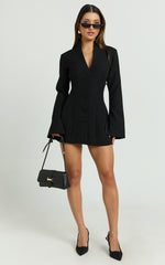 Layton Mini Dress - V Neck Long Sleeve Button Front Tulip Skirt Dress in Black