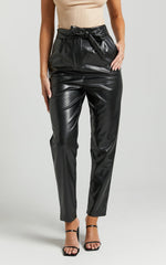 Layton Pants - Paper Bag Waist Faux Leather Pants in Black