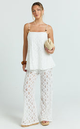Leah Two Piece Set - Beaded Cami and Wide Leg Lace Pant Set in White
