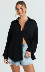 Leanne Top - Button Down Linen Blend Long Sleeve Shirt in Black