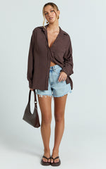 Leanne Top - Button Down Linen Blend Long Sleeve Shirt in Chocolate
