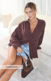 Leanne Top - Button Down Linen Blend Long Sleeve Shirt in Chocolate