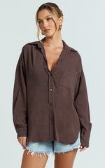 Leanne Top - Button Down Linen Blend Long Sleeve Shirt in Chocolate