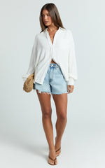 Leanne Top - Button Down Linen Blend Long Sleeve Shirt in White