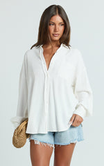 Leanne Top - Button Down Linen Blend Long Sleeve Shirt in White