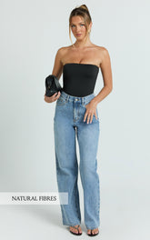 Leauna Jeans - Rhinestone Embellished High Waist Wide Leg Jeans in Mid Blue Wash