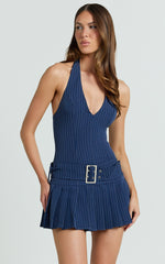Leesha Mini Dress - Plunge Halter Fit And Flare Dress in Navy Blue