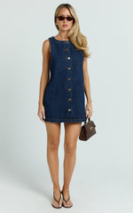 Leia Mini Dress - High Neck Mock Button Down Mini Dress in Dark Blue Wash