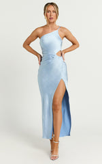 Leighton Maxi Dress - One Shoulder Ruched Thigh Split Slip Dress in Blue