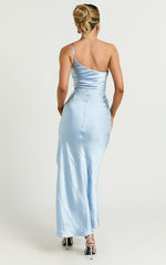 Leighton Maxi Dress - One Shoulder Ruched Thigh Split Slip Dress in Blue