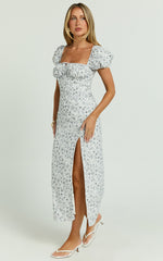 Leila Midi Dress - Puff Sleeve High Split Dress in White/Blue