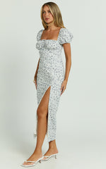 Leila Midi Dress - Puff Sleeve High Split Dress in White/Blue