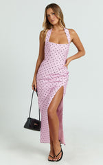 Leni Midi Dress - Halter V Neck Tucked Side Leg Split Skirt Fitted Dress in Pink