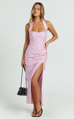 Leni Midi Dress - Halter V Neck Tucked Side Leg Split Skirt Fitted Dress in Pink