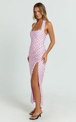 Leni Midi Dress - Halter V Neck Tucked Side Leg Split Skirt Fitted Dress in Pink
