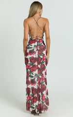 Lenny Maxi Dress - Bias Slip Lace Up Back Dress in Rose Blanca Floral