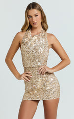 Leonie Mini Dress - Halter Cowl Neck Low Back Sequin Fitted Dress in Gold