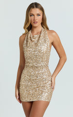 Leonie Mini Dress - Halter Cowl Neck Low Back Sequin Fitted Dress in Gold