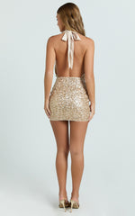 Leonie Mini Dress - Halter Cowl Neck Low Back Sequin Fitted Dress in Gold