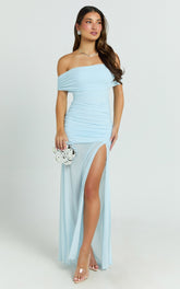 Leticia Maxi Dress - Mesh Off Shoulder Ruched High Split Dress in Blue