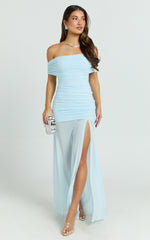Leticia Maxi Dress - Mesh Off Shoulder Ruched High Split Dress in Blue
