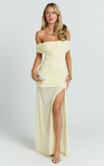 Leticia Maxi Dress - Mesh Off Shoulder Ruched High Split Dress in Lemon