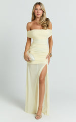 Leticia Maxi Dress - Mesh Off Shoulder Ruched High Split Dress in Lemon