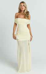 Leticia Maxi Dress - Mesh Off Shoulder Ruched High Split Dress in Lemon