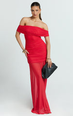 Leticia Maxi Dress - Mesh Off Shoulder Ruched High Split Dress in Red