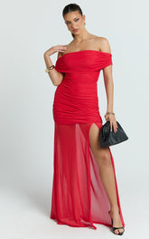 Leticia Maxi Dress - Mesh Off Shoulder Ruched High Split Dress in Red