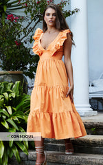 Levona Midi Dress - Ruffle Shoulder Tiered Dress in Orange