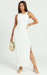 Lexie Midi Dress - Shoulder Twist Ruched Side Split Dress in Ivory