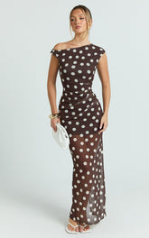 Lia Maxi Dress - Off Shoulder Slip Dress in Chocolate White Spot