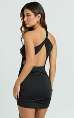 Lilian Mini Dress - One Shoulder Bodycon Dress with Hardware Detail in Black