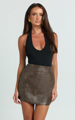 Lilibeth Mini Skirt - High Waisted Faux Leather Skirt in Brown
