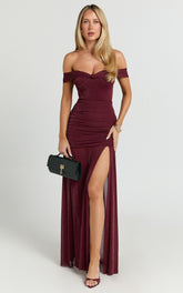 Lilliana Maxi Dress - Glitter Tulle Off Shoulder Tie Front Ruched High Split Dress in Wine