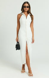 Lillibelle Midi Dress - Collared Button Down Bodycon Dress in Off White